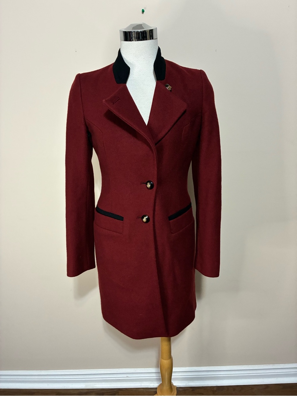 Egoist Women’s Tailored Burgundy Trench Coat with Contrast Black Collar and Trim